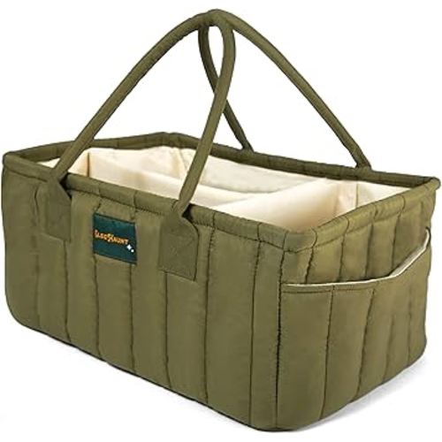 Baby Diaper Caddy Basket Organizer-Sturdy, Breathable & Washable - Stylish Storage, Portable, Car Caddy Organizer, Nursery, Baby Gift Registry Newborn Essentials (Deep Olive Green)