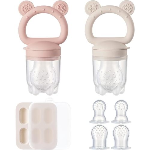 2 Pack Silicone Baby Fruit Feeder with Mini Freezer Tray, Breastmilk Popsicle Molds for Baby Teething Relief, Baby Teethers, Fresh Food Feeder for Safe Infant Self Feeding, Extra Food Pouches - Pink