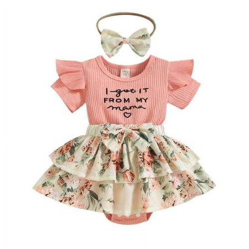 Babibeauty Infant Newborn Baby Girl Outfits "I got it from my mama" Letter Print Romper Tops + Floral Skirts + Headband 3PCS Clothes Set