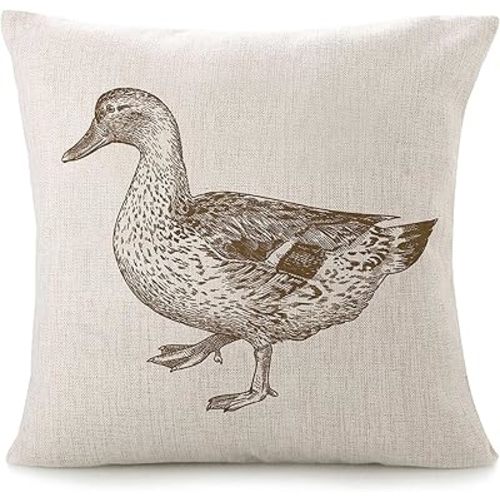 Throw Pillow Covers for Couch Female Mallard Duck Bed Or Sofa Pillows Case Vintage Animal Anas Platyrhynchos Bird Doodle Feather Square Linen Cushion Covers 18"X18"