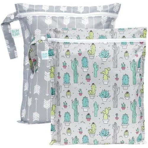 Bumkins Waterproof Wet Bag for Baby, Travel, Swim Suit, Cloth Diapers, Pump Parts, Pool, Gym, Toiletry, Strap to Stroller, Daycare, Zip Reusable Bag, Wetdry Packing Pouch, 2-pk