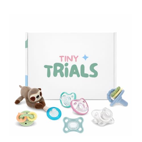 Pacifier Trial Pack Variety Box for Newborns 0–6 Months – 7 BPA-Free Silicone Baby Pacifiers Sample Set (MAM, Nuby, Dr. Talbot’s, Chicco) – Baby Registry Must-Have, Tiny Trials