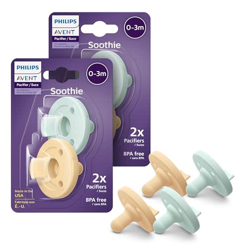 Philips Avent Soothie 0-3 Months Orthodontic Baby Pacifiers, 100% Silicone Pacifiers, One Piece, BPA-Free, 2 Green and 2 Yellow, 4 Pack, Model SCF190/71