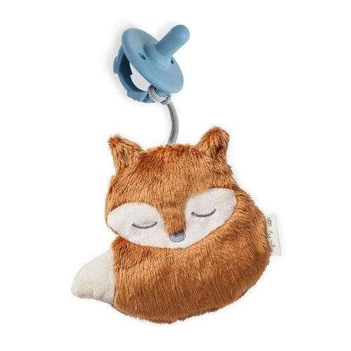 Itzy Ritzy Pacifier & Lovey Set - Includes Silicone Pacifier with Stuffed Animal Lovey - Detachable Plush Fox Binky Holder & Coordinating Blue Silicone Binky, Ideal for Ages 0 Months & Up