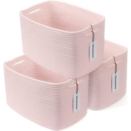 Cotton Rope storage Basket Bins Woven Basket for Organizing Shelves Rectangle Decorative Baskets For storage Clothes Toys Books Towels Square Wicker Nursery basket organizer 3 pack light pink