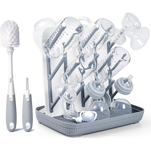 Termichy Baby Bottle Drying Rack: Vertical Bottle Dryer Rack Holder with Brushes Set- Drying Rack & Nipple Scrubber-Space Saving Standing Drying Rack for Baby Bottles and Pump Part Cleaning