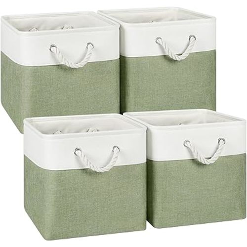 12 x 12 Inch Cube Storage Bins, 4 Pack Fabric Storage Basket with Handles, Foldable Boxes Organizer for Shelf Baskets for Home, Clothes, Toys (White/Green)