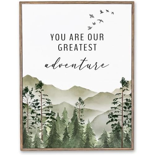XWELLDAN Woodland Nursery Wall Art Decor,You are Our Greatest Adventure Sign Wall Art Decor, Forest Mountain Nursery Framed Wall Art Decor, 11x14, Brown