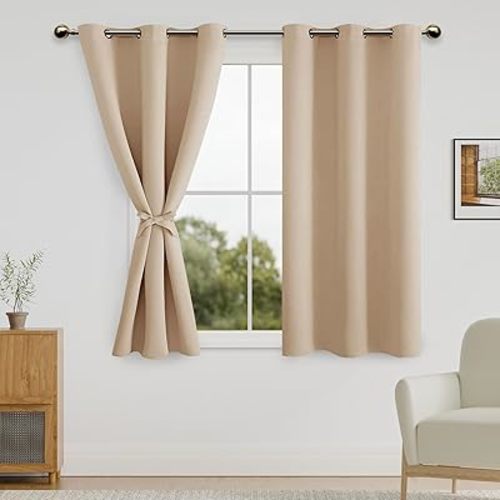 DWCN Blackout Short Curtains for Bedroom with Tiebacks - Room Darkening Privacy Grommet Top Window Curtains for Living Room, 38 x 45 inch Length, Beige, Set of 2