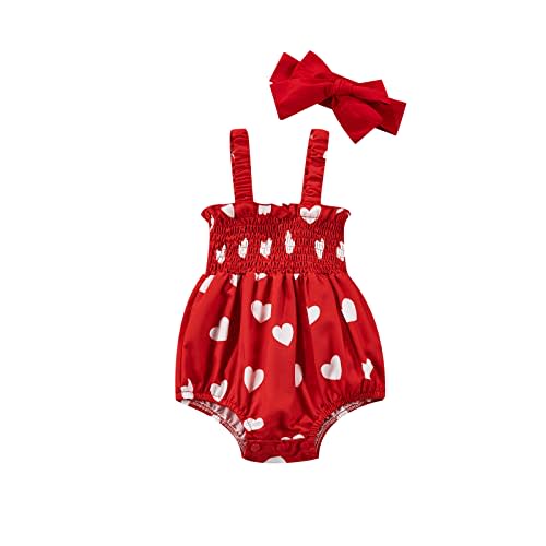 Tsseiatte Newborn Baby Girl Summer Bodysuit Heart Print One Piece Ruffle Strap Romper Jumpsuit Playsuit with Headband