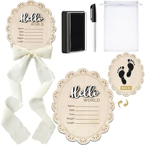 Baby Announcement Sign 7 Inch Double Sided Wooden Hello World Newborn Engraved Sign with Organza Bag Marker Pen Ink Pad Ribbon Bow for Baby Shower Hand Footprints Photo Prop (White Bow)