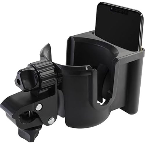 Universal Stroller Cup Holder with Phone Holder, 360°Rotatable Bottle Holder with Strong Clip, Accessories for Stroller, Bike, Wheelchair, Walker, Scooter