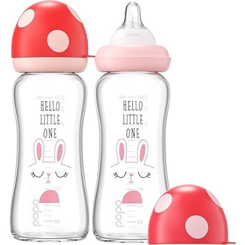 YOHKOH Natural Glass Baby Bottle with Natural Response Nipple, Newborn Anti-Colic Baby Bottles, Wide Neck Mushroom Cap Baby Bottle, Clear (8.8ounce (Pack of 2), Red1)