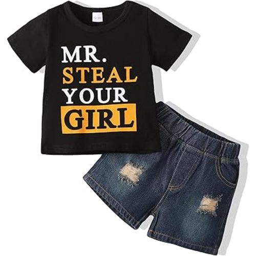 NZRVAWS Baby Boy Clothes Toddler Boy Outfit 2 3 4T 6 12 18 24 Months Spring Summer Letter Printed T Shirt Shorts Ripped Jean
