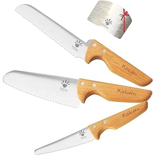 Kids Knife Set for Real Cooking, 4pcs Toddler Safe Kitchen Cutting Knives, Stainless Steel Blades, Children First Starter knife, BPA-free, Silver