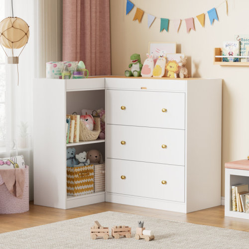 Latitude Run® Modern Nursery Changing Table, Corner Baby Dressing Table With 3 Drawers And 2 Open Shelves, Multi Functional Diaper Changing Station For Children's Rooms | Wayfair