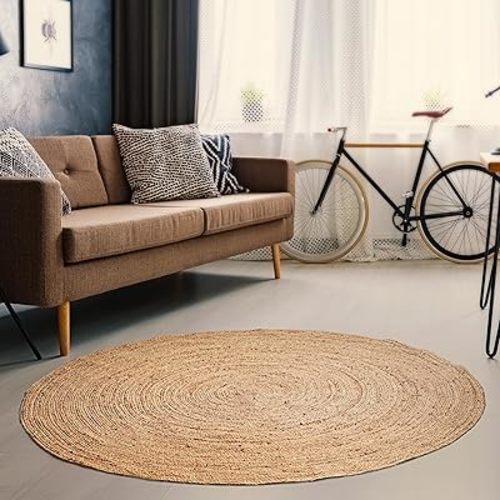 Hausattire Hand Woven Jute Braided Rug, 5’ Round – Natural, Reversible Boho Entry Area Rugs for Kitchen, Living Room I Farmhouse Decorative Floor Rug, 5 Feet Round