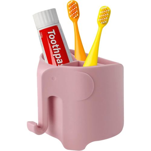 RyanLemon Elephant Toothbrush Holder for Kids, Suction Cup Electric Toothbrush and Toothpaste Holder for Toddler, Cute Toddler Toothbrush Holder with 3 Slots and a Hook for Hanging Bath Ball, Pink