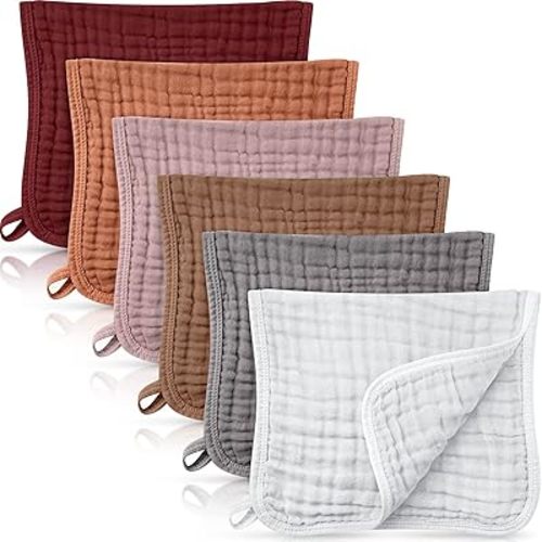 Irenare 6 Pieces Muslin Burp Cloths Muslin Washcloths Baby Burping Cloth Diapers 6 Absorbent Layers Muslin Face Towels for Baby (12 x 12 Inch, Blue Series)