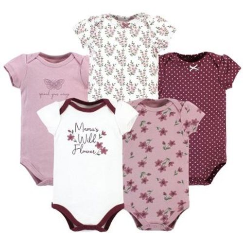 Hudson Baby Infant Girl Cotton Bodysuits, Plum Wildflower 5 Pack, Newborn