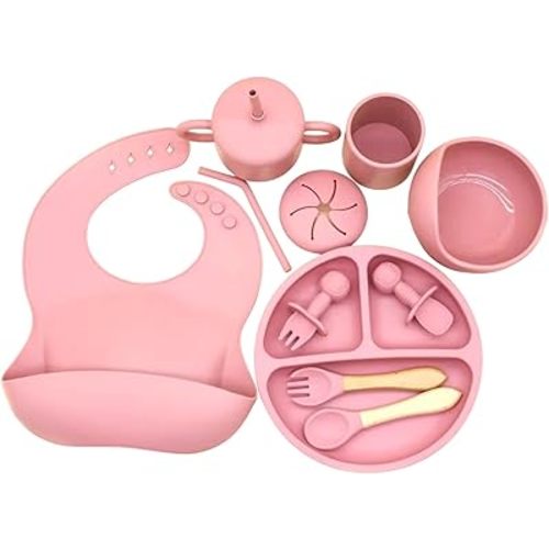 Baby Feeding Set 11 Pcs-BPA-Free Food Grade Silicone-Baby Led Weaning Supplies, Baby Spoons Suction Bowl Divided Plate Bib Cup Finger Brush,First Stage Solid Food Eating Utensils (Baby Pink)