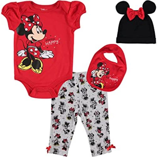 Disney Minnie Mouse Baby Girls Bodysuit Pants Bib and Hat 4 Piece Outfit Set Newborn to Infant