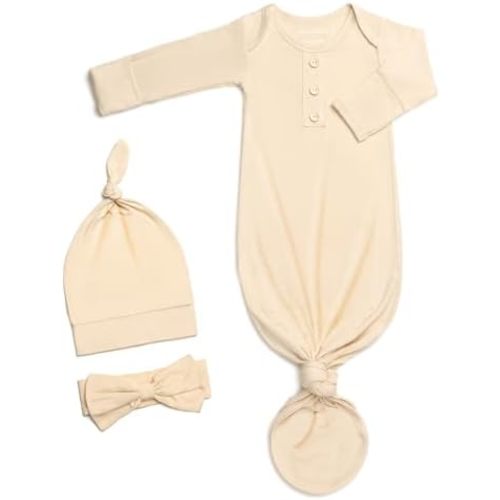Newborn Baby Knotted Gown, Super Soft Silky Infant Sleeper, Baby Girl Sleep Gown with Mittens, Bow, and Hat Set
