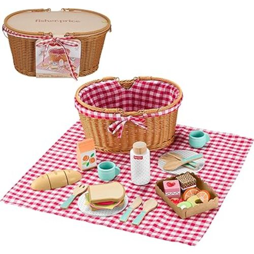 Fisher-Price Pretend Play Toy Picnic Basket, 31-Piece Wooden Food Playset Wood, for Preschool Kids, Ages 3+ Years