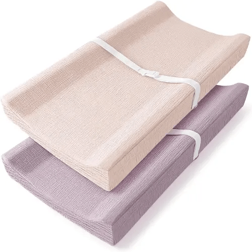 Bearmoss Changing Pad Cover, 2 Pack Muslin [100% Cotton] Diaper Changing Table Covers, 32'' x 16'' Soft Breathable Changing Pad Sheets for Unisex Baby Girls and Boys with Strap Holes (Candy Floss)