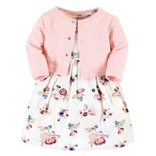 Hudson Baby Infant and Toddler Girl Quilted Cardigan and Dress, Dusty Rose Floral, 3-6 Months