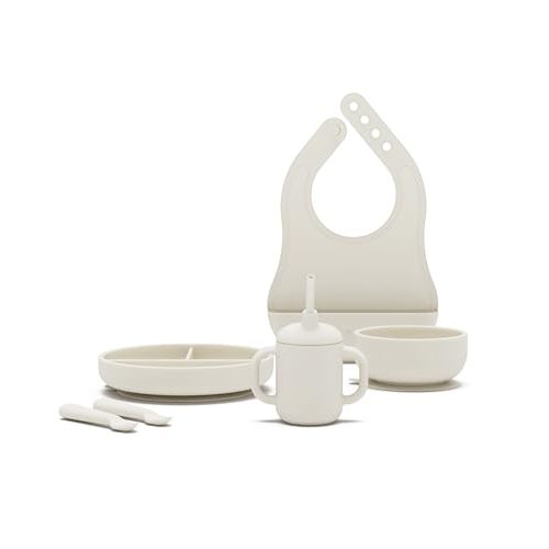 Lalo First Bites Silicone Baby Feeding Set - Baby Led Weaning Supplies - Non-Toxic Silicone - Includes 1 Bib, 2 Spoons, Training Cup, Suction Plate and Bowl - 6 Pieces - Oatmeal