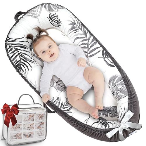Baby Lounger, Ultra Breathable Soft Cotton Perfect for Tummy Time, Portable & Adjustable Infant Floor Seat for Traveling | Newborn Shower Gift - Leaves