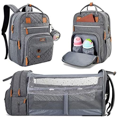 Lekebaby Diaper Bag Backpack with Changing Station, 3 in 1 Baby Diaper Bag with Travel Crib and Stroller Straps for Mom, Large Capacity, Grey