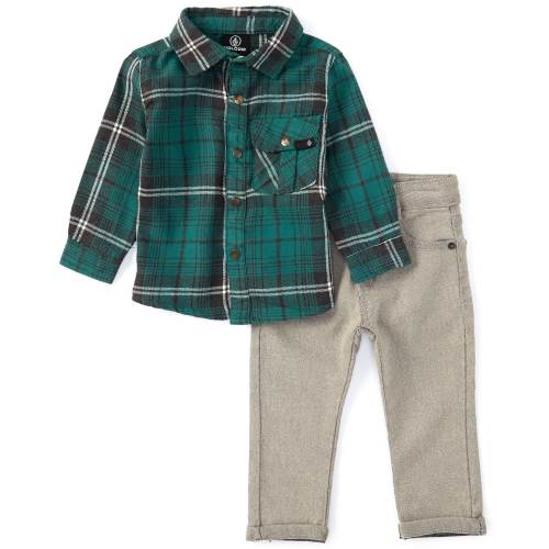 Volcom Baby Boys 12-24 Months Long Sleeve Brushed Flannel Plaid Shirt & Denim Jeans 2-Piece Set