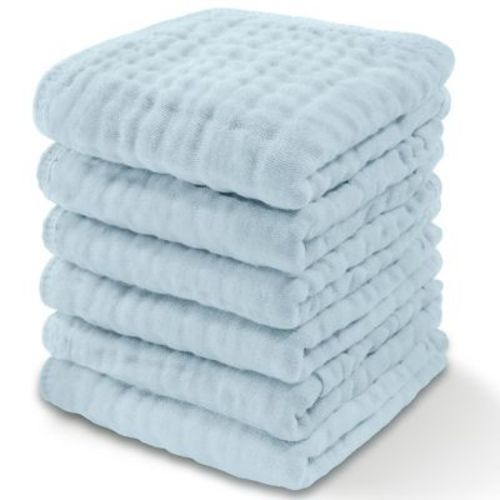 Baby Washcloths Muslin Cotton, Large 10”x10” By Comfy Cubs (sky Blue, Pack Of 6)