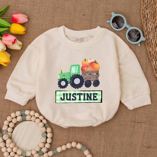 Custom Pumpkin Tractor Romper, Boho Boys Fall Tractor Romper, Thanksgiving Bodysuit, Pumpkin Baby Clothes, Fall Baby Outfit, Bubble Romper