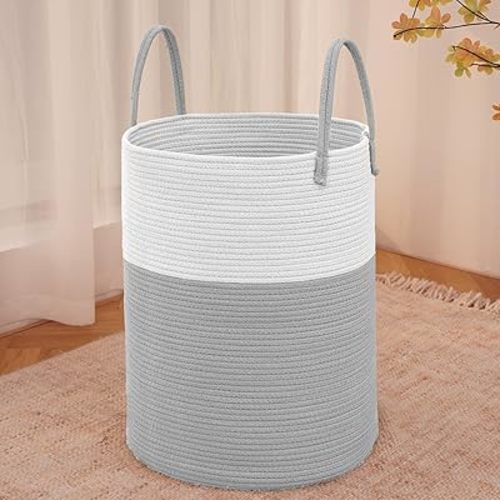 Large Woven Laundry Basket Hamper,60L Cotton Rope Storage Bin for Blankets,Toys and Clothes,Decorative Tall Nursery Hamper for Living Room,Baby Nursery,Bathroom and Bedroom,Light Grey