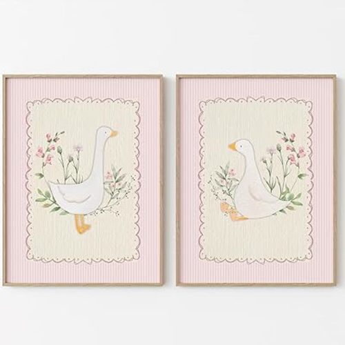 Vintage Nursery Wall Art Silly Goose Canvas Poster Pink Coquette Wall Decor Girls Room Pictures Baby Kids Poster Cute Animal Prints Floral Painting Artwork for Gallery Bedroom 12x16 Inch Unframed