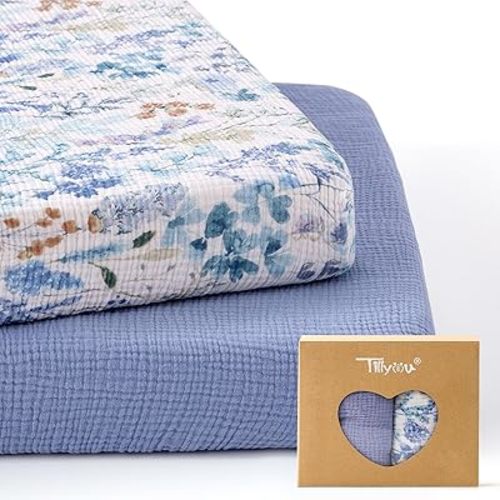 TILLYOU Muslin Mini Crib Sheets 2 Pack, Pack and Play Mattress Sheets Fitted for Pack N Play, 38'' x 26'' Sheet for Toddler, Blue Flower