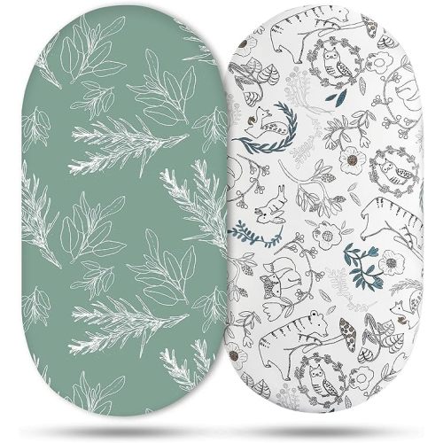 Bassinet Sheets, Bassinet Sheets for Baby Boy and Girl, Bassinet Sheet Neutral, Fit for Rectangle, Round, Oval, Hourglass Mattress, Flexible for Different Bassinet Pad/Mattress 2 Pack - Green Leaves - 32*16*3 inch