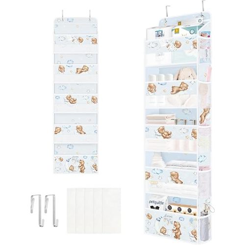 Clastyle Animals Over The Door Organizer Star Nursery Hanging Storage Organizer for Kids Clothes Diaper Toy Closet Door Hanging Shelf Storage for Bedroom Bathroom Pantry, Bear, 5-Tier