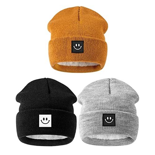 Hispeka Baby Beanie Hat 3 Packs with Cute Smiley Face, Toddler Girls Boys Baby Hats Winter, Kids Winter Hat Cold Weather