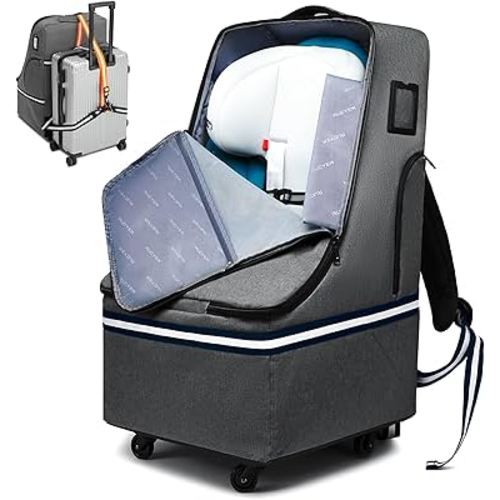 Rolling Car Seat Travel Bag, Padded Carseat Travel Backpack for Airplane,Large Durable Travel Bag with 4 Wheels,Adjustable Shoulder Strap and Waterproof Base Dark Grey