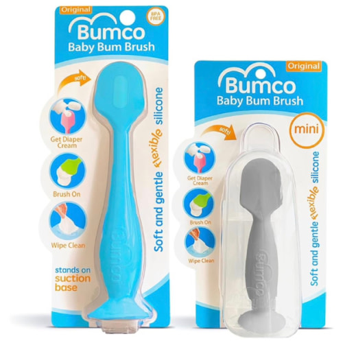Bumco Baby Bum Brush + Mini Baby Diaper Cream Spatula with Case - BPA-Free Silicone Diaper Spatula with Suction Cup, Wipe-Clean, Mom-Invented Butt Paste Applicator (Blue & Gray)