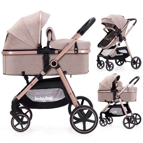 2-in-1 Baby Stroller with Bassinet Mode - Folding Infant Newborn Pram Stroller with Reversible Seat - Toddler Strollers for 0-36 Months Old Babies (Beige)