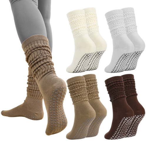 Bocaoying 4 Pairs Women's Slouch Socks with Grips – Non-Slip Long Pilates Socks for Barre, Ballet, Gym & Fitness – Breathable & Stretchy – US Size 5-10 (White/Khaki/Gray/Coffee)