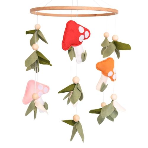 Mushroom Baby Mobile, Green Leaf Mobile for Crib, Crib Mobile for Boys Girls, Forest Nursery Mobile for Bassinet, Pack and Play, Woodland Nursery Décor