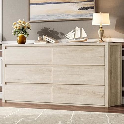 GarveeHome 6 Drawer Dresser for Bedroom, Wide Wood Chest of Drawers Handle Free, Large Modern Dresser Storage Cabinet for Living Room, Hallway Entryway