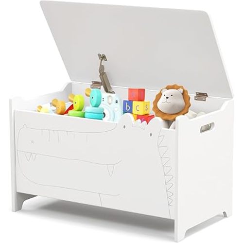 HONEY JOY Kids Wooden Toy Box, 3-in-1 Large Toy Trunk Chest w/Flip-Top Lid, Safety Hinge & Cut-out Handle, Storage Bench, Toddler Furniture for Playroom Bedroom, Gift for Boys Girls (White)