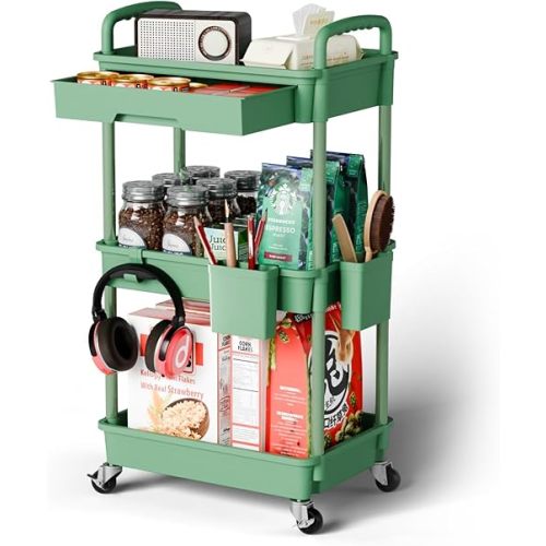 3 Tier Rolling Cart Organizer,Laundry Room Bathroom Organizers and Storage Office Shelves Mobile Shelving Unit Kitchen Trolley Cart with Wheels for Art,Craft,Diaper,Bedside,Snack(Green)